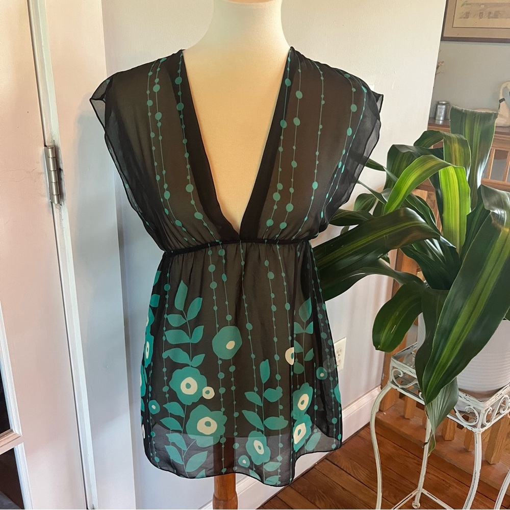 Vintage Forever21 Sheer Floral Black and Blue deep v neck flowey Dress